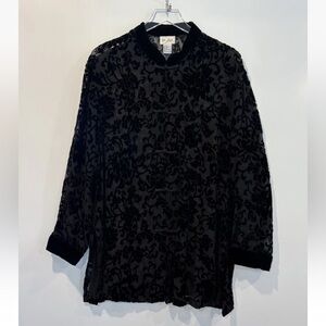 Yi Lin Womens Black Burnout Velvet Silk Sheer Blouse Shirt Top Size Large
